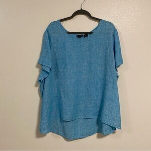 Tahari 100% linen high low pullover blouse Blue plus size 3X